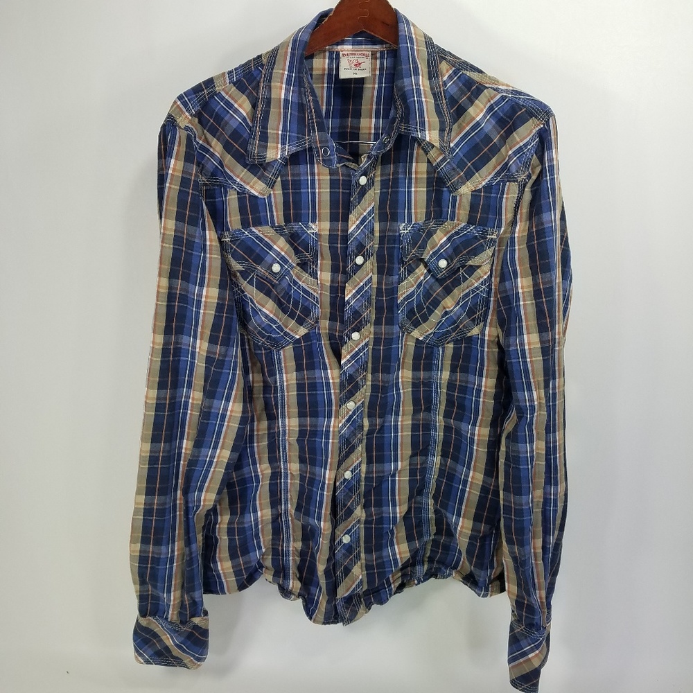 True Religion Blue Plaid Western LNG SLV XL Mens